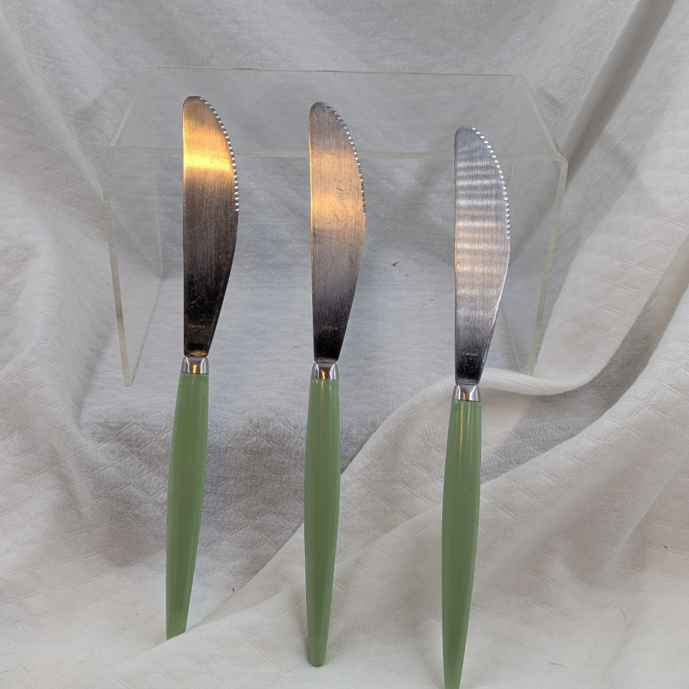 Vintage Castle Stainless Steel Jadeite Green knives lot of 3 MCM